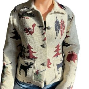 Wilderness Outdoor Mountain Animal Button Up Fall Vintage Jacket  Cream Sz Small
